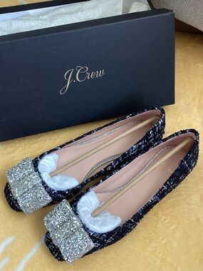 BNIB J. Crew Navy Tweed Ballet Flats with Silver Glitter Bow Accent